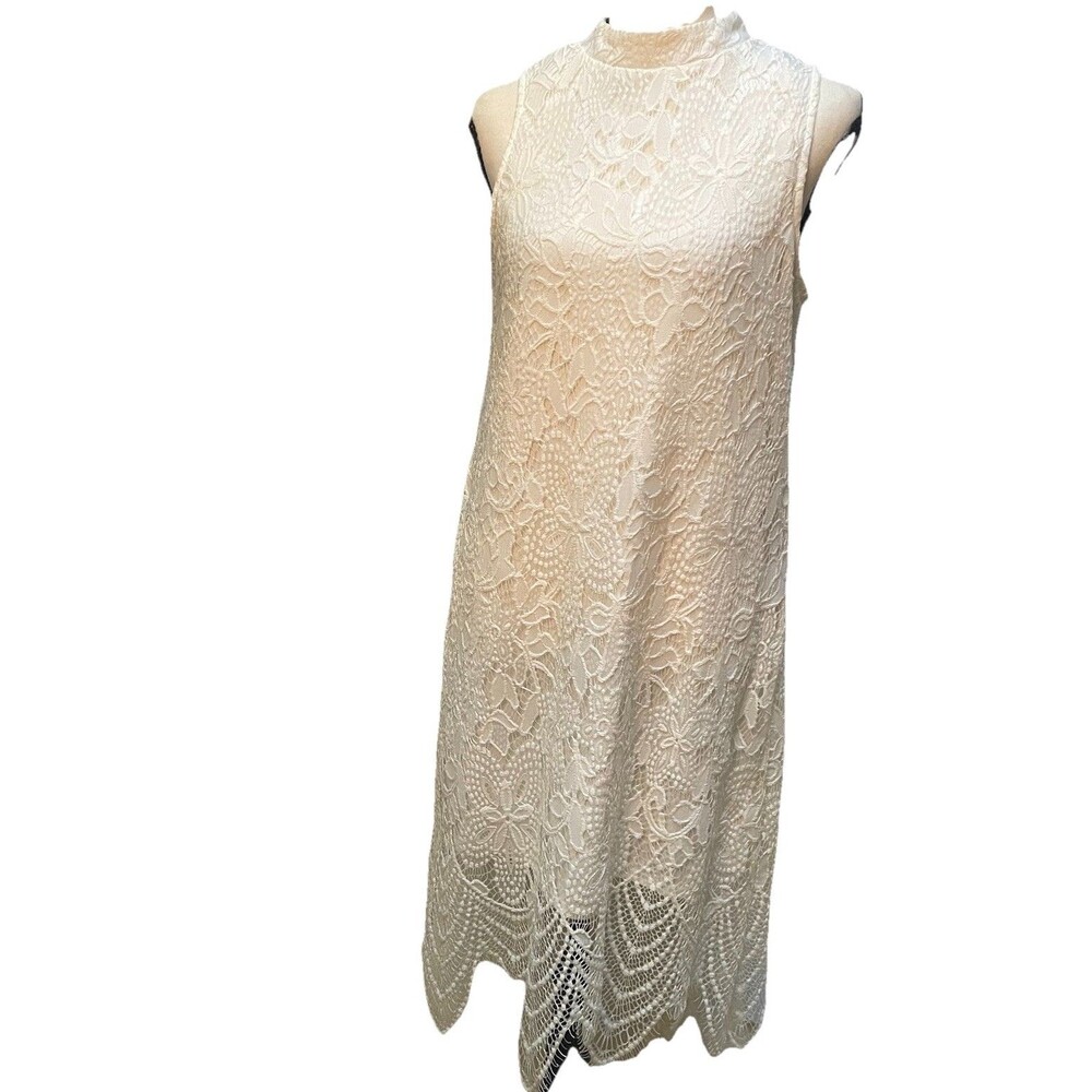 Fire Los Angeles White Lace Shift Dress Medium M High Neck Hanky Hem Boho Bridal